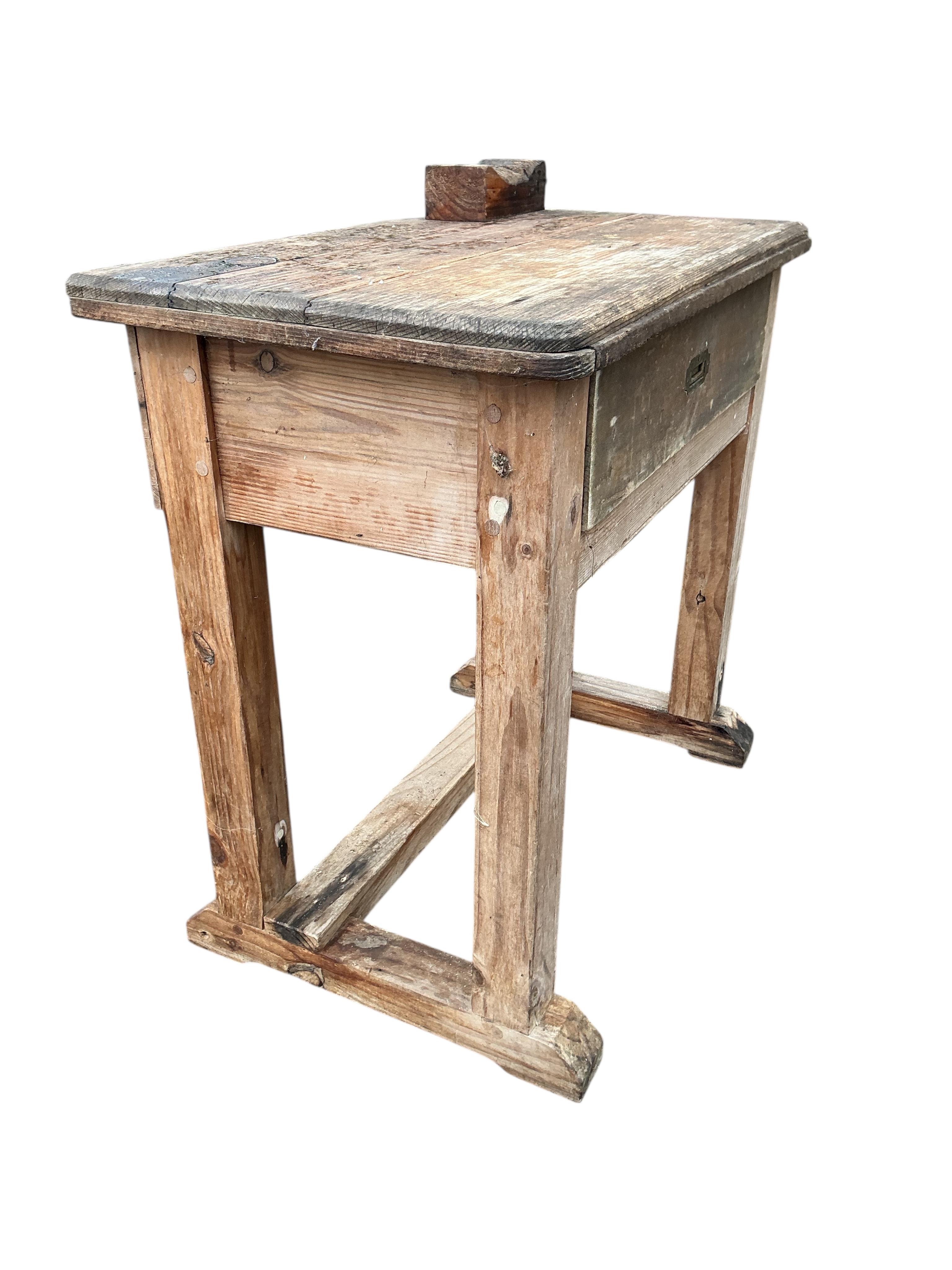 An early 20th century small potting shed work bench with drawer, width 92cm, depth 54cm, height 88cm